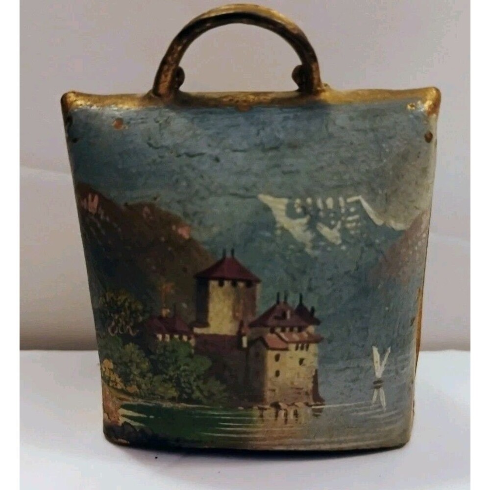 Antique Vintage Swiss Chillon Castle Hand Painted Miniature Brass Souvenir Cowbe